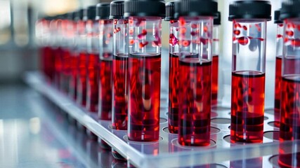 Aufkleber - This Rows of test tubes filled with synthetic blood for transfusion research in a modern lab.