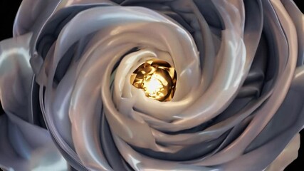 Poster - Metallic silver fabric spiraling and rotating around luminous golden core, generating mesmerizing visual dynamics against deep black background with fluid, elegant motion