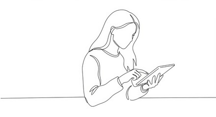 Elegant minimalist single line illustration of a person interacting with a tablet device