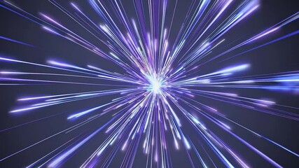 Poster - Luminous purple and blue light rays expanding dynamically from central point. Gradually morphing into radiant glowing sphere against dark cosmic backdrop. Creating mesmerizing abstract visual energy