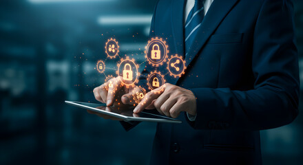 Poster - Man in Suit Using Tablet with Holographic Security Icons Against Blurred Background