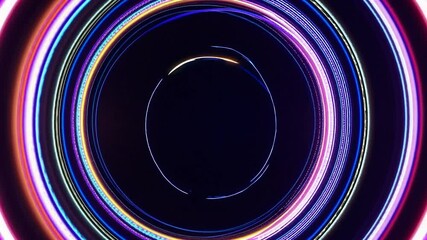 Poster - Colorful neon circles rotate, expand, and contract, creating dynamic patterns with bright light streaks and glowing centers against a black background