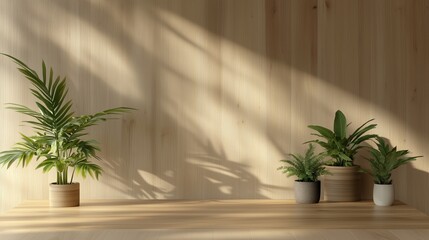 Poster - cozy indoor space featuring various potted plants against a wooden wall and bathed in natural light