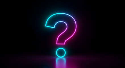 Poster - Glowing Question Mark Symbol in Neon Blue and Pink Against a Dark Reflective Background