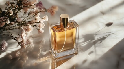 Poster - Elegant perfume bottle displayed on marble surface with soft sunlight and delicate flowers in background