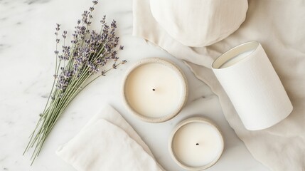 Poster - relaxing setup with lavender and candles on a marble countertop in a serene atmosphere