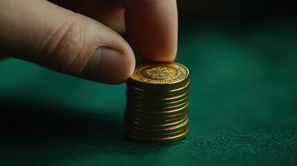 Poster - Stacked coins hand close-up on green background