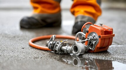 Aufkleber - A close up view of a drain snake and plumbing auger tools used to clear obstructions and clogs in pipes and drains
