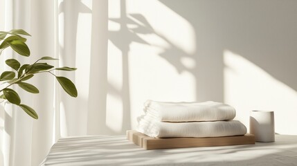 Poster - clean linens and minimal decor in a bright, serene room with natural light and soft shadows