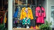 © Elena - Vintage boutique window display featuring bold 80s-style outfits and vibrant patterns brightening up a shopping street