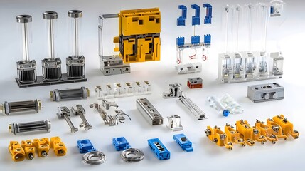 Poster - An assortment of various high voltage circuit breaker components including switches insulators terminals and other electrical parts neatly organized and displayed on a clean white background