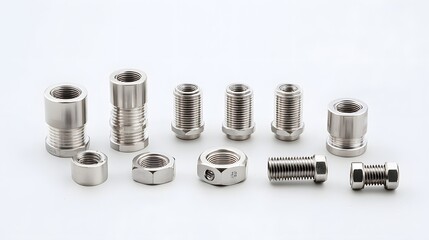 Poster - Assortment of various metallic pipe fittings and threaded adapters on a white background used for plumbing and mechanical engineering applications