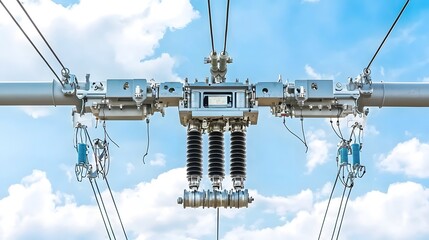 Leinwandbilder - Close up view of a dampener mechanism installed on high voltage electrical power transmission lines designed to mitigate cable oscillations and protect the infrastructure