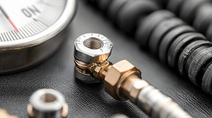 Aufkleber - Close up view of a water pressure gauge with a brass threaded connector for monitoring and controlling water pressure in a plumbing or industrial system