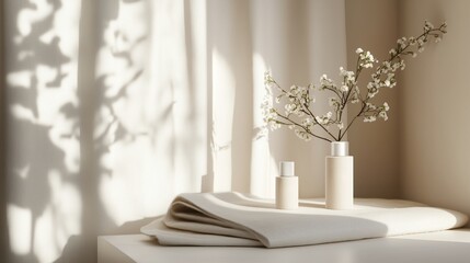 Poster - elegant minimalistic display featuring vases and soft textiles in a sunlit room with soft shadows