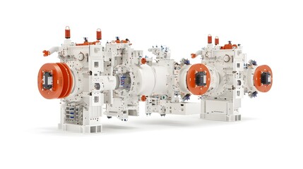 Poster - Complex high voltage electrical switchgear components displayed in an organized isolated setup against a clean white background showcasing the intricate technology behind power distribution systems