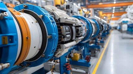 Leinwandbilder - Detailed view of high voltage electrical cables splicing equipment and insulation materials in a large scale industrial manufacturing or utility facility