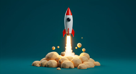 Poster - Pixelated White Rocket Launching With Fiery Blast on Teal Background for Startup Concept