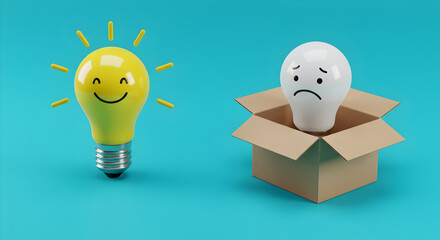 Poster - Conceptual Image with Happy Yellow Lightbulb and Sad White Lightbulb in a Box on Teal Background