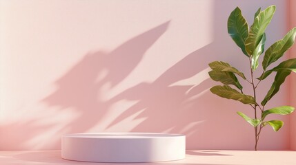 Poster - soft pink backdrop highlights a round display stand and a leafy plant in warm natural light during d