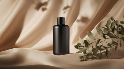 Poster - black glass bottle on soft fabric with green leaves, showing elegance and simplicity in home decor