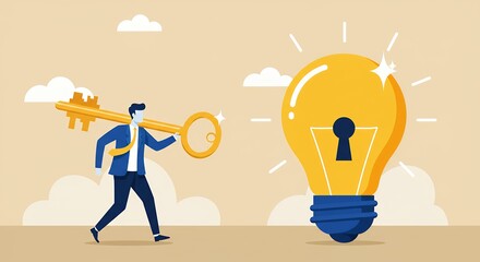 Poster - Businessman Carrying Key to Idea Lightbulb Metaphor for Problem Solving