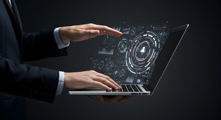Poster - Man in Suit Holding Laptop with Blue Glowing Data Display and Dark Background