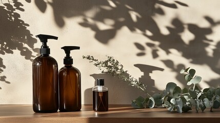 Poster - natural skincare products displayed on wooden surface with eucalyptus shadows in a minimalist settin