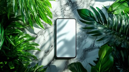 Poster - smartphone surrounded by lush green plants on a marble surface in natural light