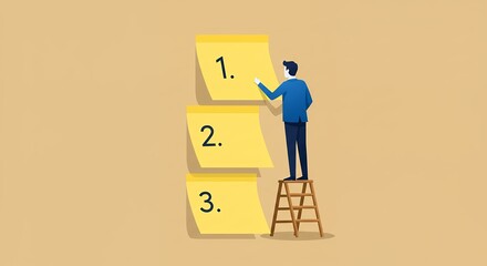 Poster - Businessman on Ladder Pointing to Number One on Sticky Note List