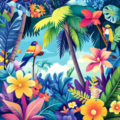 Naklejka na meble A vibrant tropical scene featuring lush foliage, colorful flowers, and exotic birds.