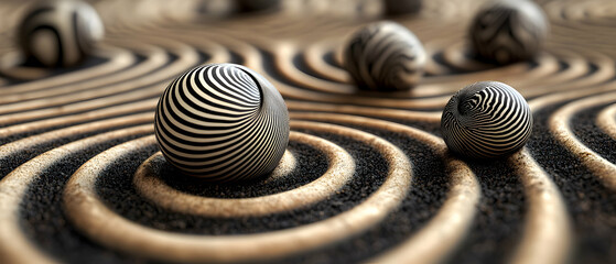 Poster - Abstract Black and White Striped Spheres on Swirling Sand Texture