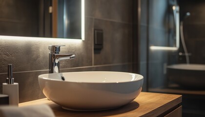 Poster - Modern Bathroom With Wooden Countertop Featuring A Close-Up Of Sink And Mirror. A Stylish And Contemporary Vanity Area.