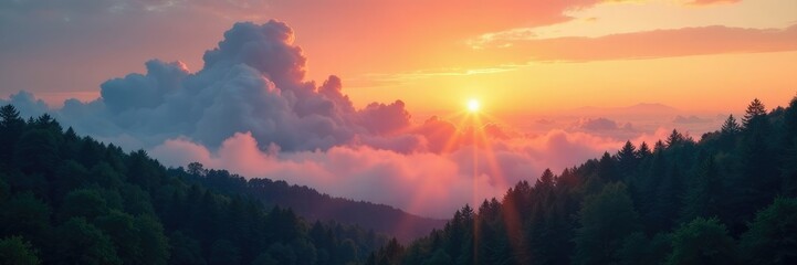 Wall Mural - Clouds float above a tranquil forest at sunrise, sun, serene, cloud