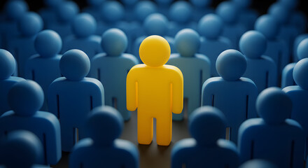 Poster - Conceptual 3D Rendering of Yellow Figure Standing out From Blue Group Demonstrating Leadership and Individuality