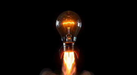 Poster - Burning Lightbulb Rocket Launching in Dark Background Representing Creative Startup Innovation