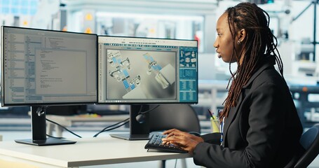 Poster - programmer in photovoltaics factory using pc program to diagnose malfunctioning systems. woman codin