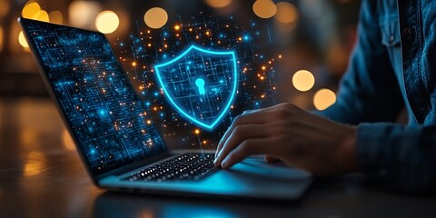 Poster - Cybersecurity Shield: Laptop User's Digital Protection, Glowing Network Graphic