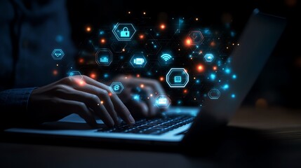 Poster - Cybersecurity: Hands Typing on Laptop with Glowing Digital Icons