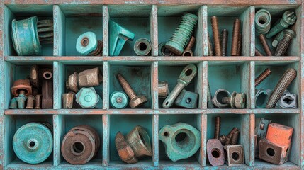 Poster - An array of construction fasteners, including screws, nails, and bolts, stored in a divided case.