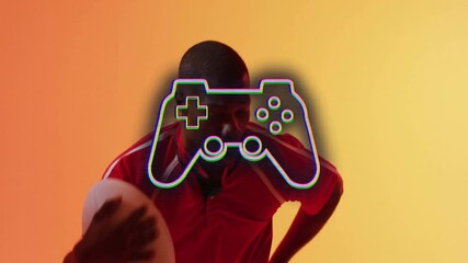 Poster - Holding rugby ball, person with game controller animation on orange background
