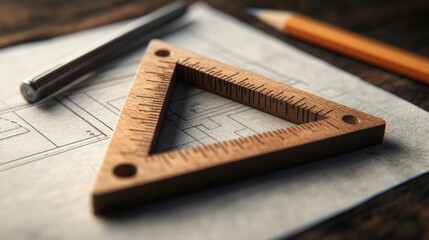 Poster - A carpenter's square, pencil, and ruler placed on a blueprint, symbolizing precision in woodworking.