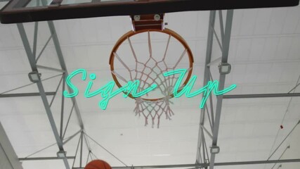 Poster - Sign Up text in green script overlaying basketball hoop animation in school gym