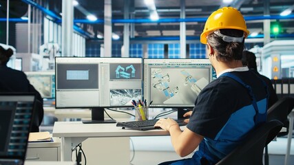 Poster - photovoltaics factory engineer wearing hardhat planning work on facility floor in cad application. e