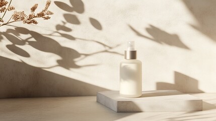 Poster - elegant skincare product displayed on a minimalistic surface with beautiful shadows cast by natural 