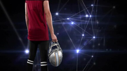 Poster - Holding football helmet, person with glowing animation of network connections behind