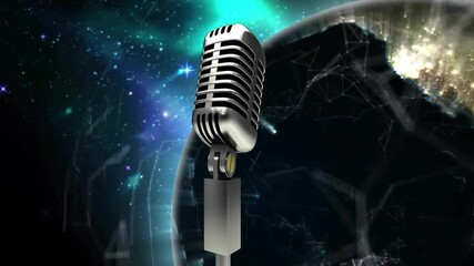 Poster - Floating retro microphone in space, animation with glowing planet and stars