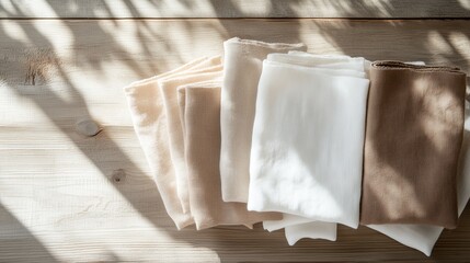 Poster - natural fabric collection arranged on wooden surface with soft shadows