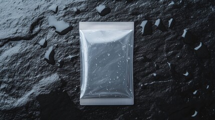 Poster - packaged product on wet stone surface showcases a modern and minimalist aesthetic with droplets of w