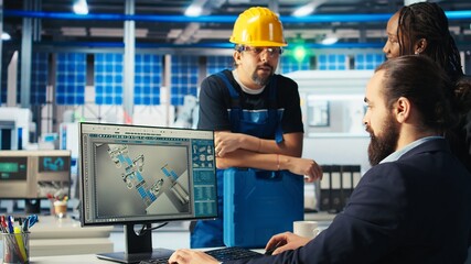 Poster - photovoltaics factory manager gives task to worker after monitoring system performance. solar panels